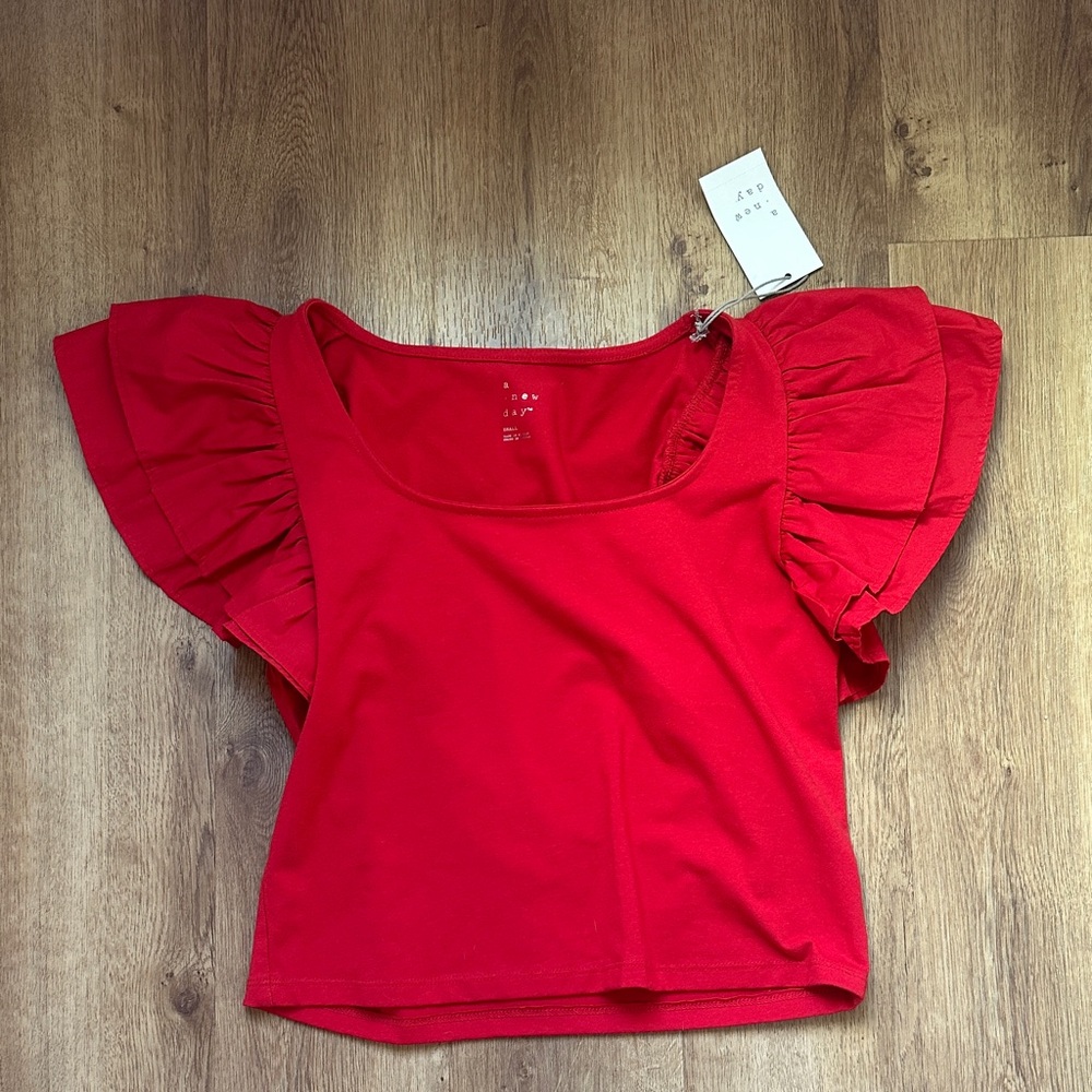 a new day Bright Red Crop‎ Top with Ruffled Sleeves